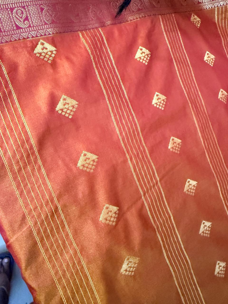 Rust Orange Premium Semi Kanchi Saree with Diamond Buttas & Purple Border