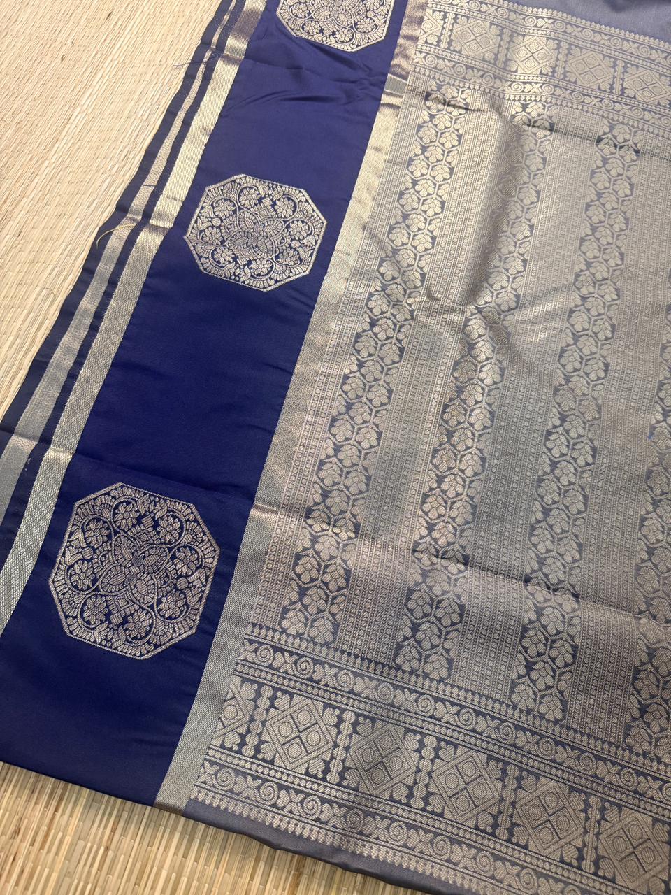 Grey & Navy Blue Semi Silk Saree with Octagon Butta & Silver Zari Border