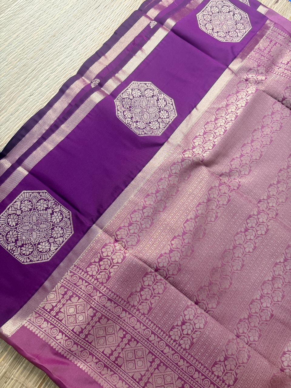 Pink & Purple Semi Silk Saree with Octagon Butta & Rose Gold Zari Border