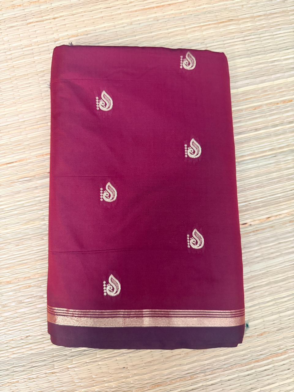 Reddish Maroon Soft Silk Saree with Paisley Butta & Black Antique Zari Pallu
