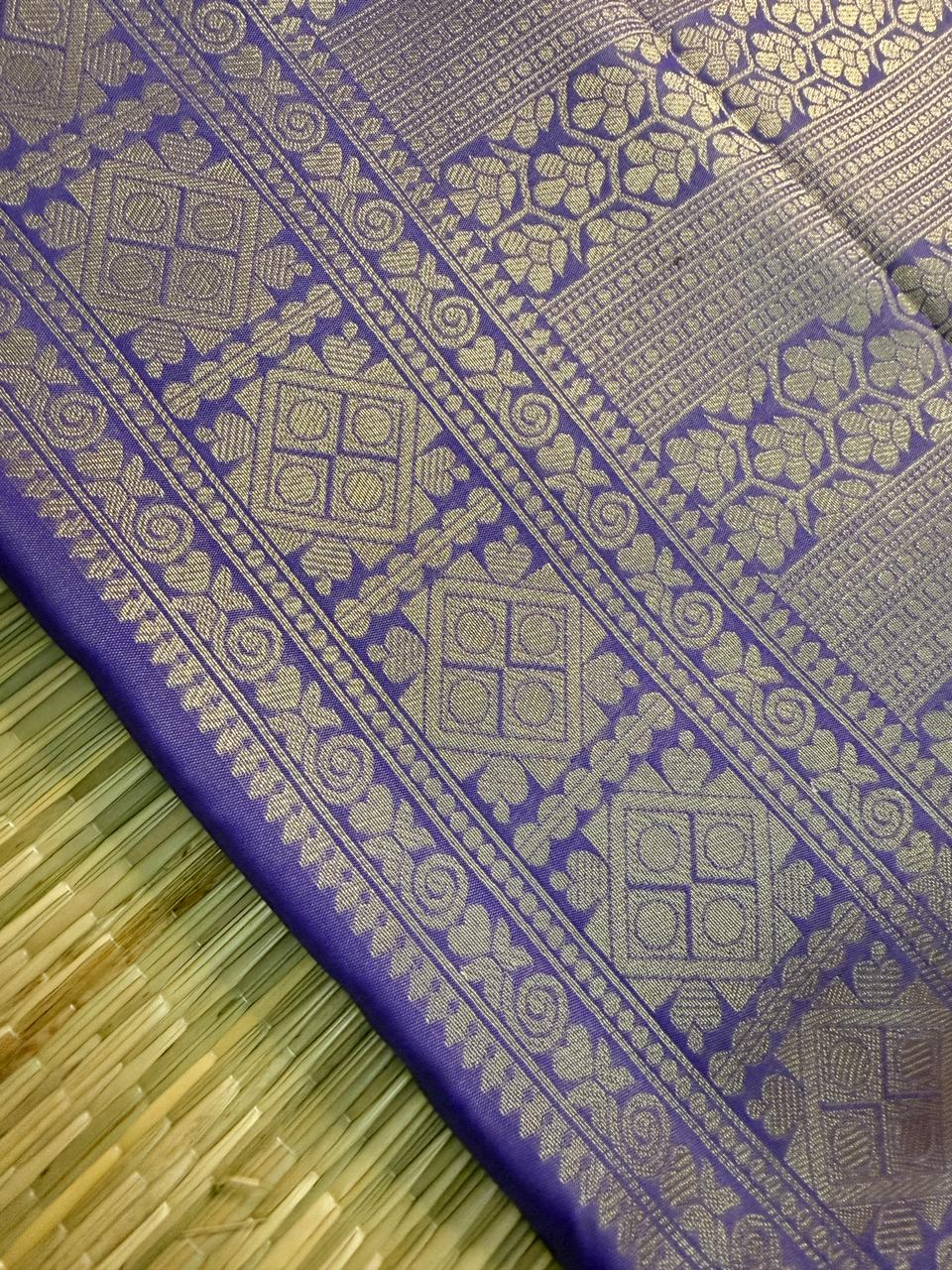 Lavender & Royal Blue Semi Silk Saree with Octagon Butta & Silver Zari Pallu