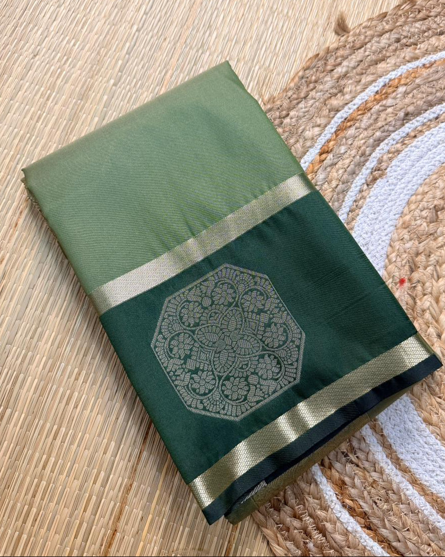 Olive Green Semi Silk Saree with Octagon Butta & Dark Green Zari Border