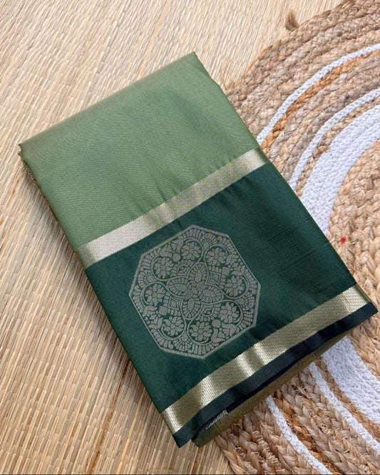Olive Green Semi Silk Saree with Octagon Butta & Dark Green Zari Border