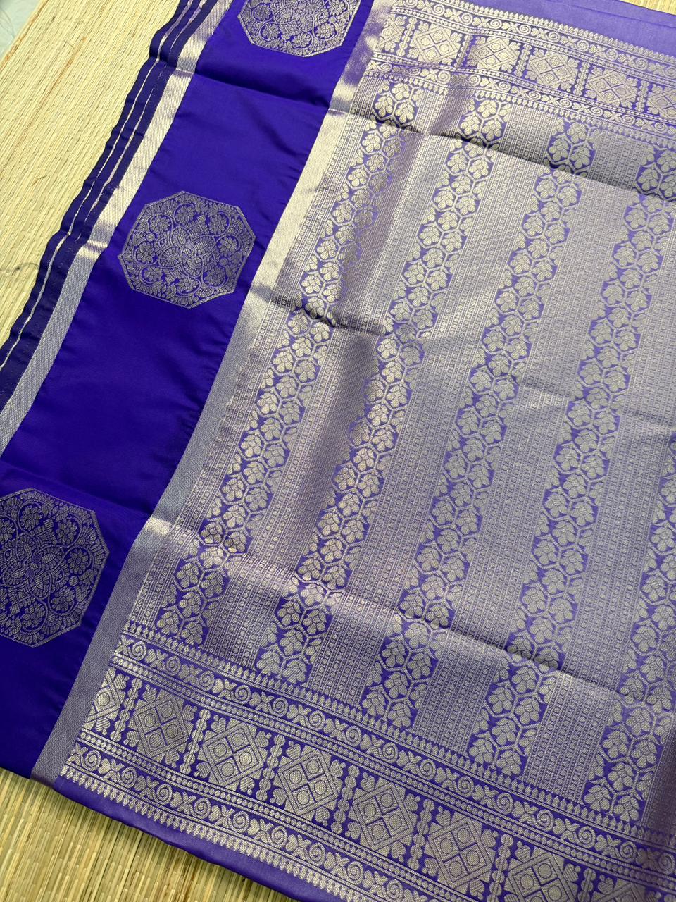 Lavender & Royal Blue Semi Silk Saree with Octagon Butta & Silver Zari Pallu