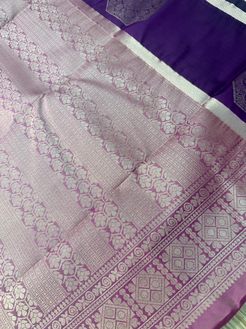 Pink & Purple Semi Silk Saree with Octagon Butta & Rose Gold Zari Border