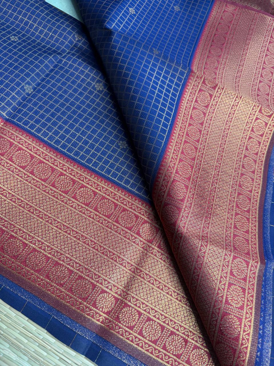 Navy Blue Semi-Silk Saree with Red Golden Zari Border