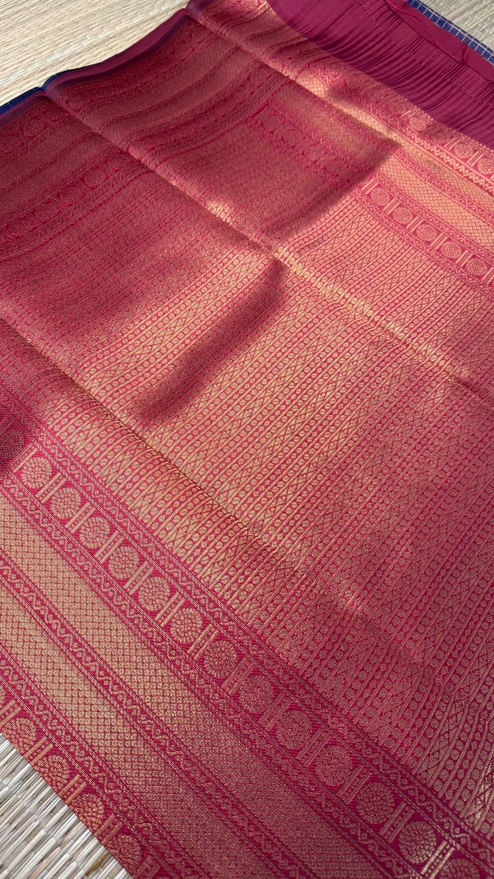 Navy Blue Semi-Silk Saree with Red Golden Zari Border