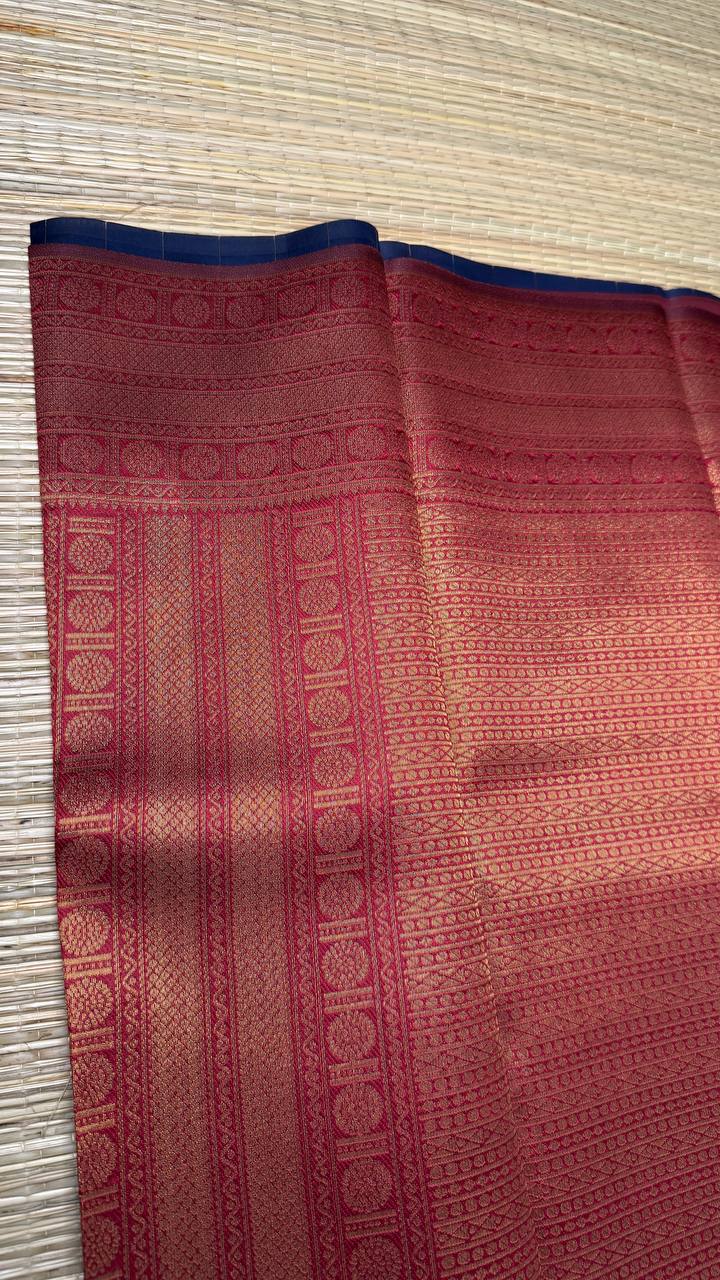 Navy Blue Semi-Silk Saree with Red Golden Zari Border