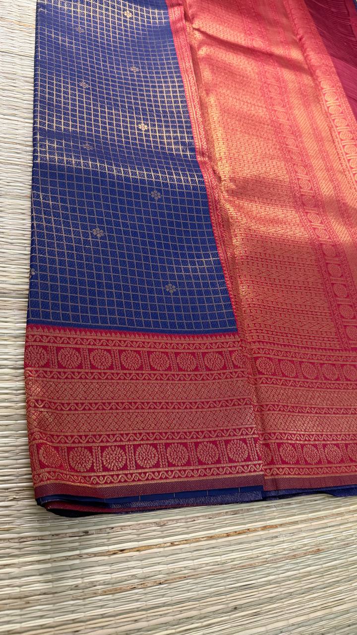 Navy Blue Semi-Silk Saree with Red Golden Zari Border