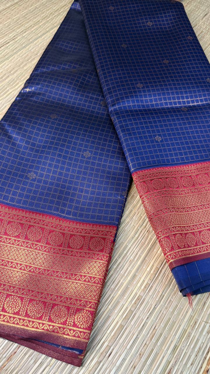 Navy Blue Semi-Silk Saree with Red Golden Zari Border