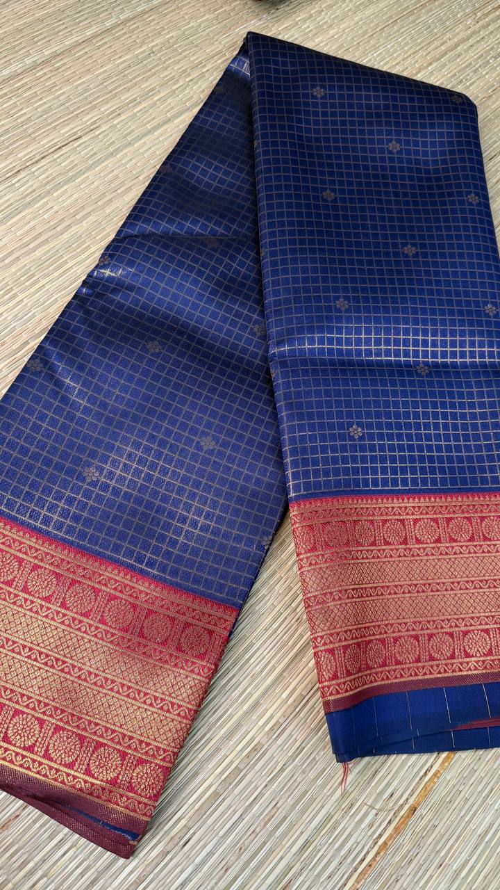 Navy Blue Semi-Silk Saree with Red Golden Zari Border