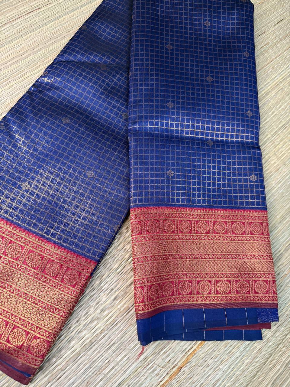 Navy Blue Semi-Silk Saree with Red Golden Zari Border