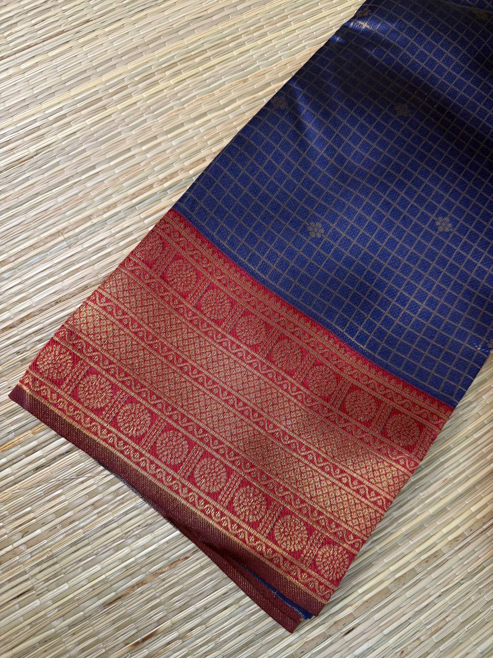 Navy Blue Semi-Silk Saree with Red Golden Zari Border