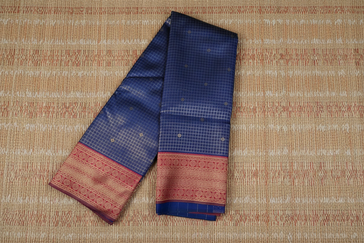 Navy Blue Semi-Silk Saree with Red Golden Zari Border