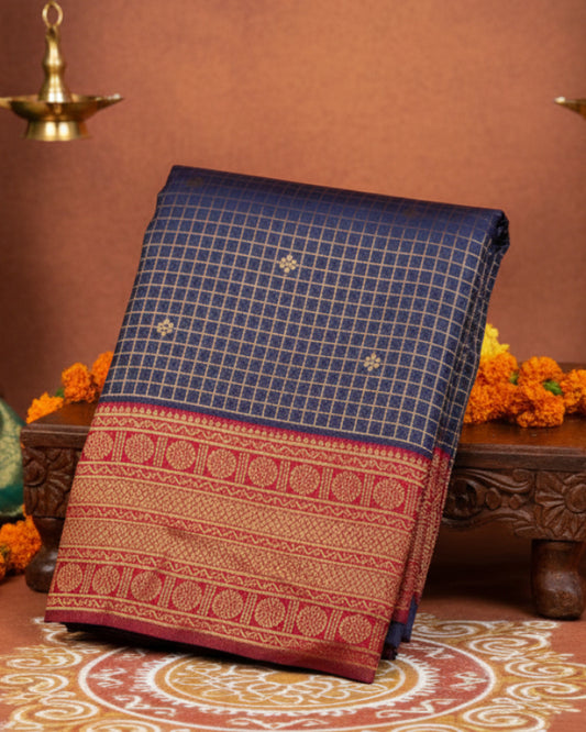 Navy Blue Semi-Silk Saree with Red Golden Zari Border