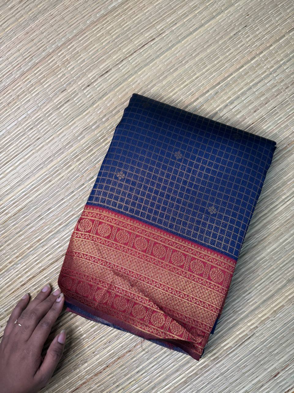 Navy Blue Semi-Silk Saree with Red Golden Zari Border