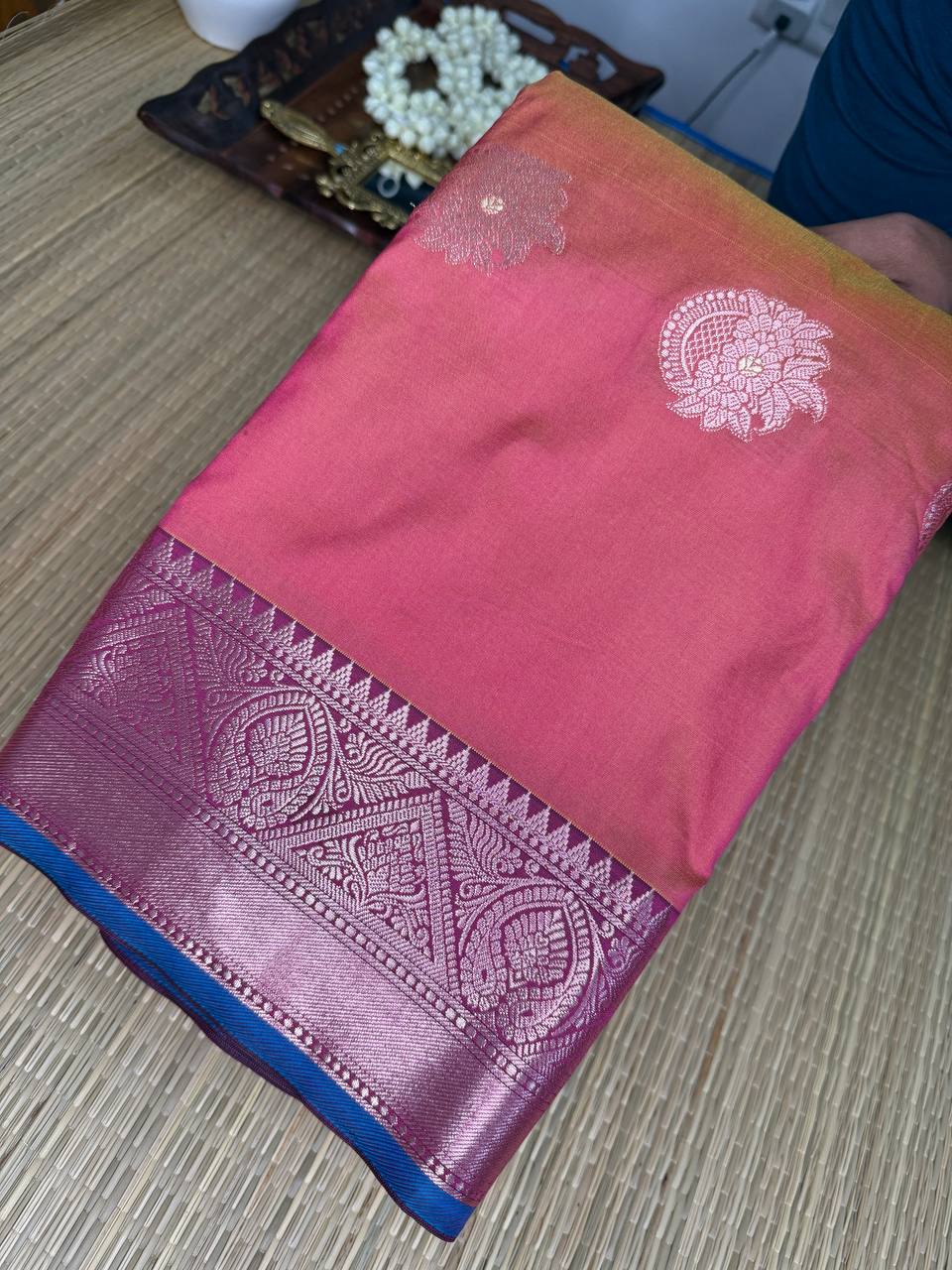 Pink Semi-Silk Saree with Silver Zari Motifs