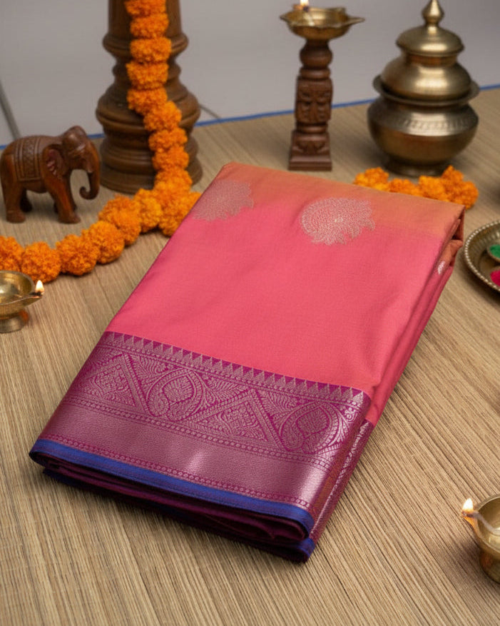 Pink Semi-Silk Saree with Silver Zari Motifs