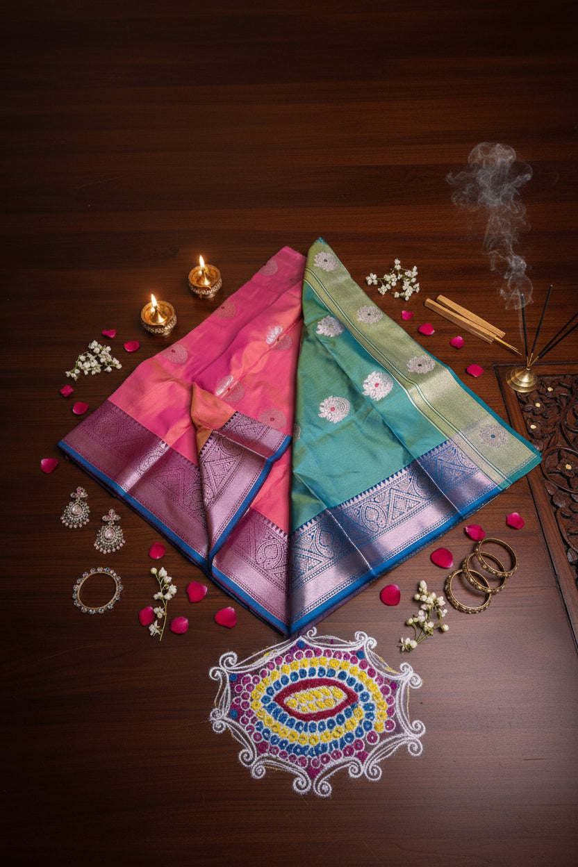 Pink Semi-Silk Saree with Silver Zari Motifs