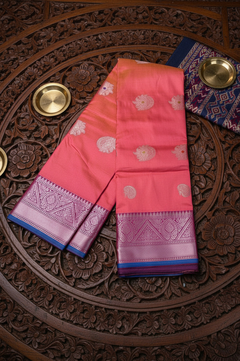 Pink Semi-Silk Saree with Silver Zari Motifs