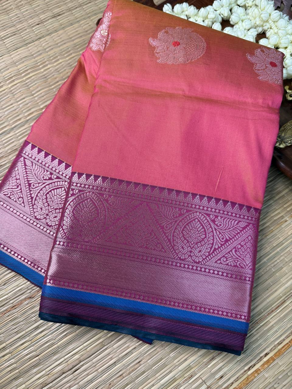 Pink Semi-Silk Saree with Silver Zari Motifs