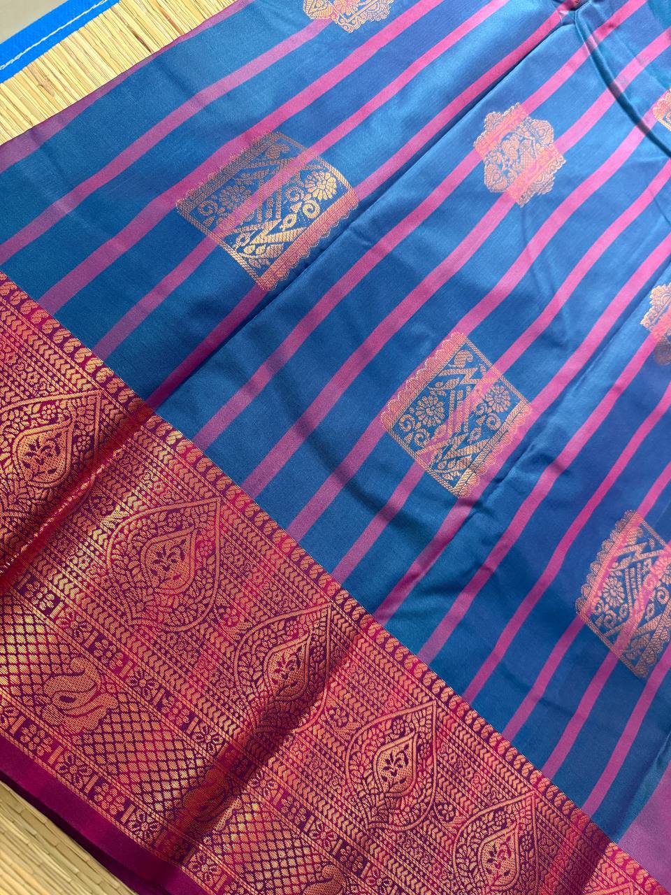 Royal Blue Semi-Silk Saree with copper Zari Border