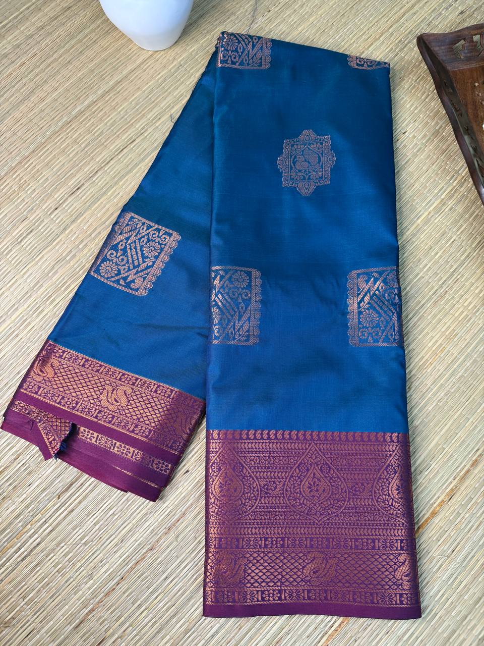 Royal Blue Semi-Silk Saree with copper Zari Border