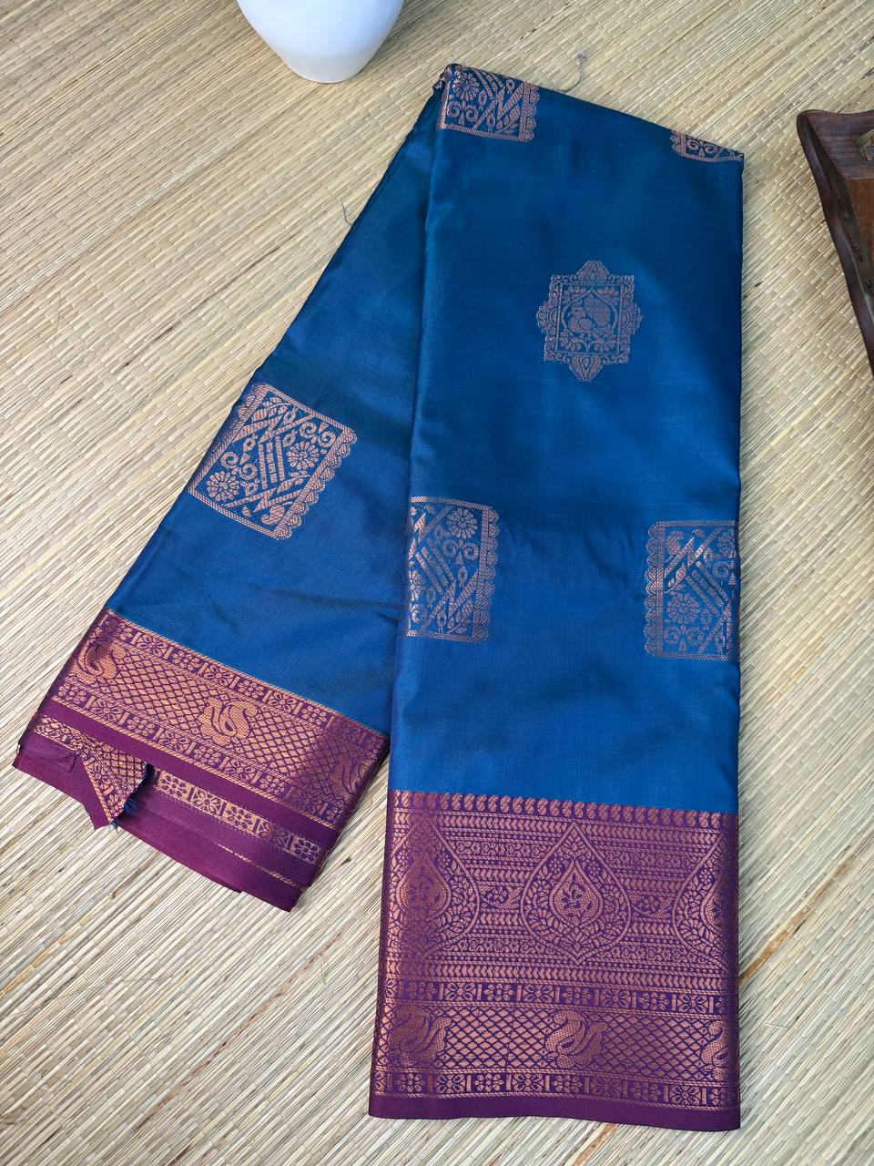 Royal Blue Semi-Silk Saree with copper Zari Border