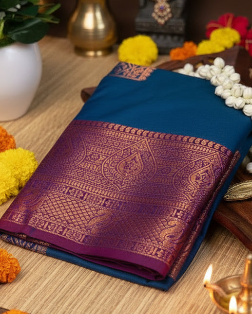 Royal Blue Semi-Silk Saree with copper Zari Border