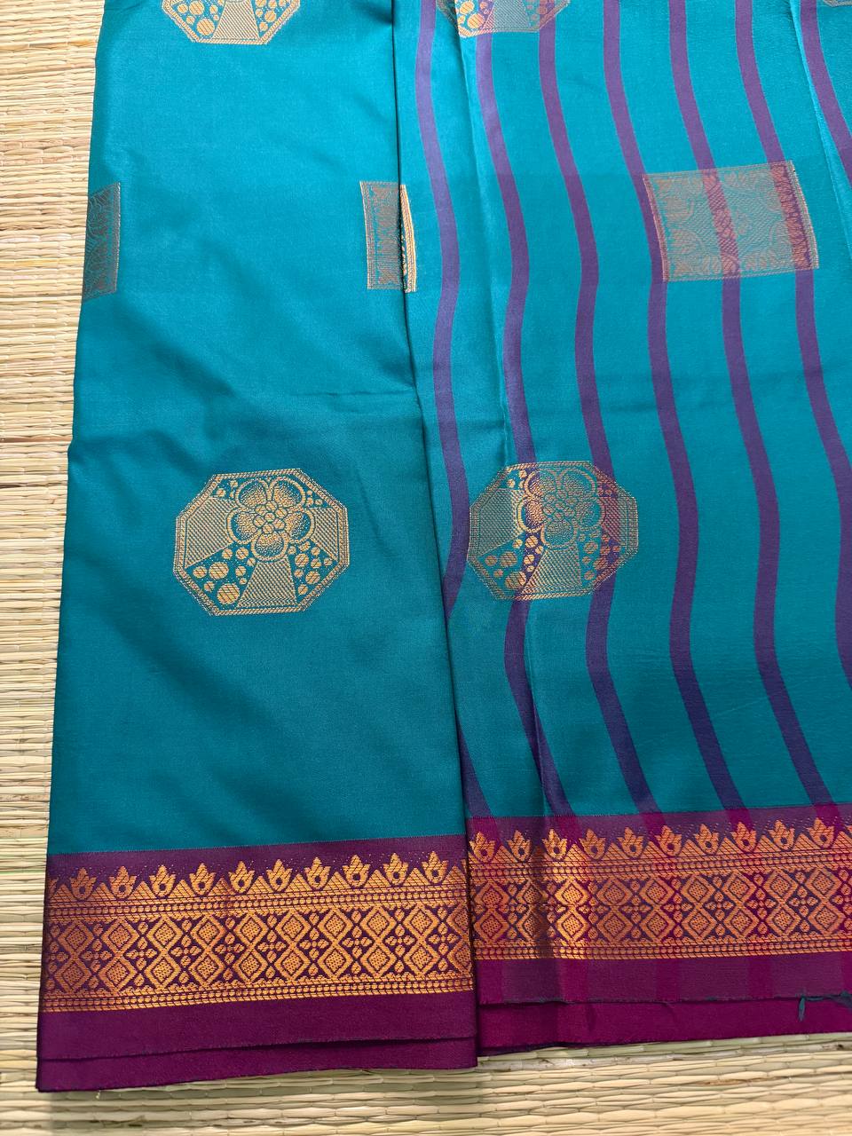 Teal Semi-Silk Saree with Purple Stripes and copper Zari Border