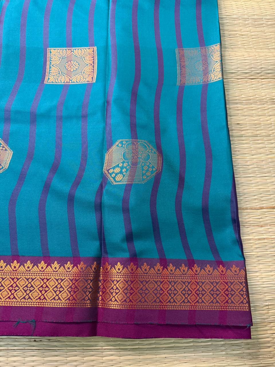 Teal Semi-Silk Saree with Purple Stripes and copper Zari Border