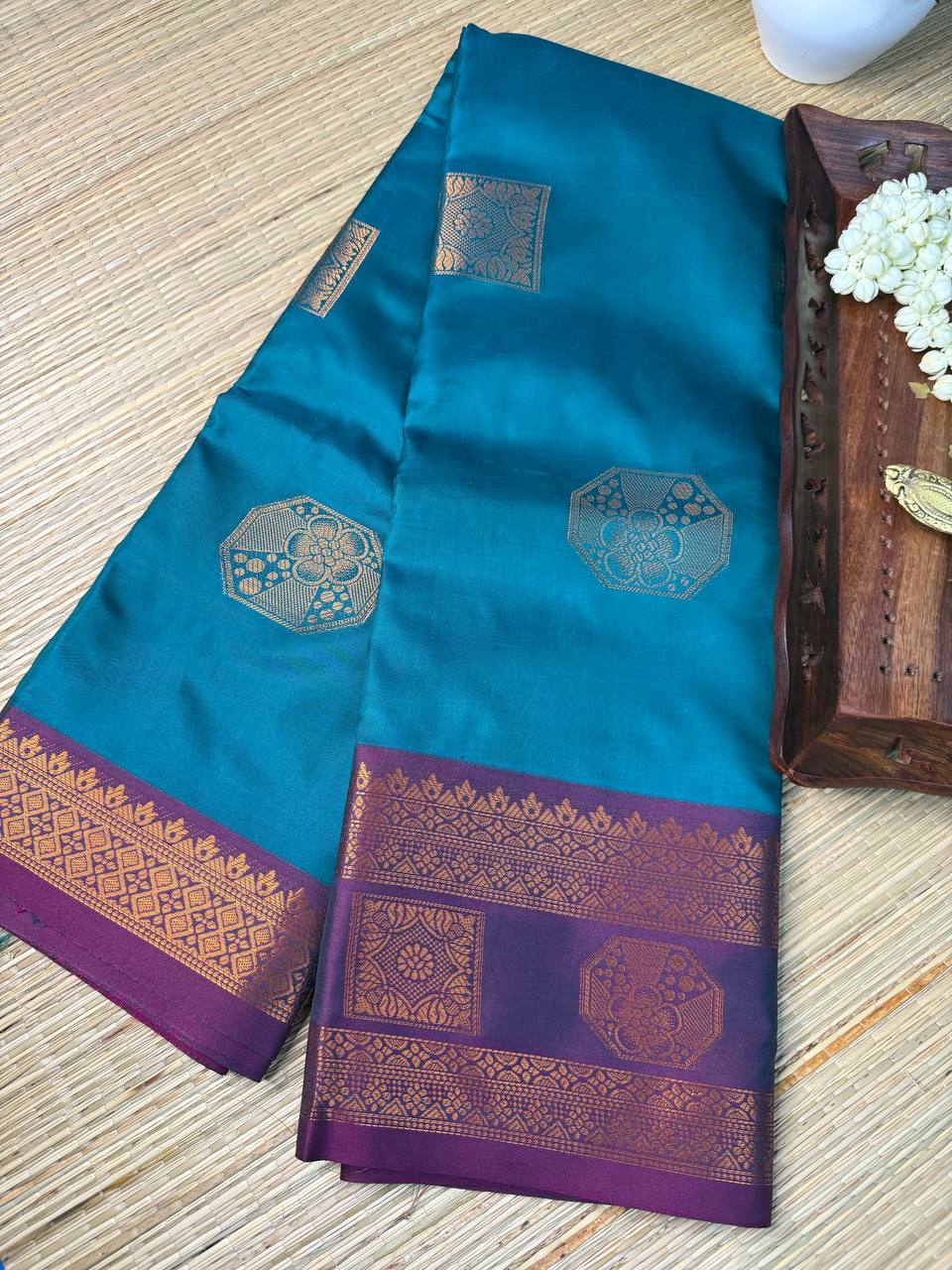 Teal Semi-Silk Saree with Purple Stripes and copper Zari Border