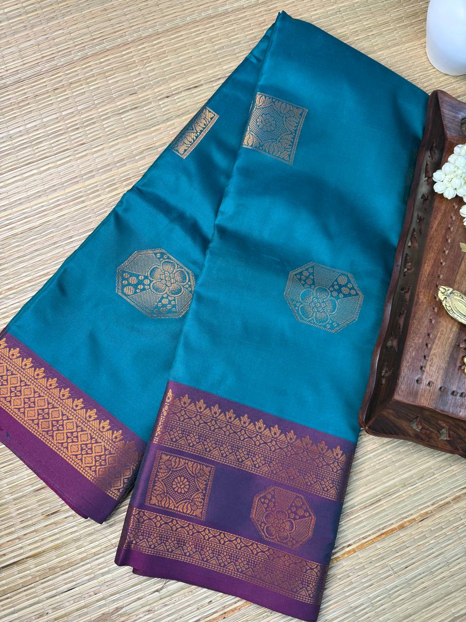 Teal Semi-Silk Saree with Purple Stripes and copper Zari Border