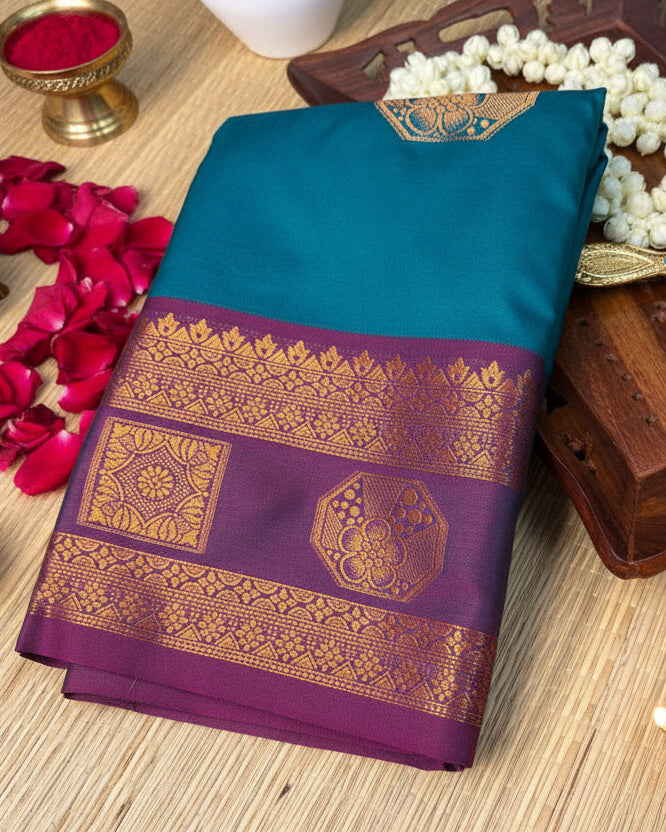 Teal Semi-Silk Saree with Purple Stripes and copper Zari Border