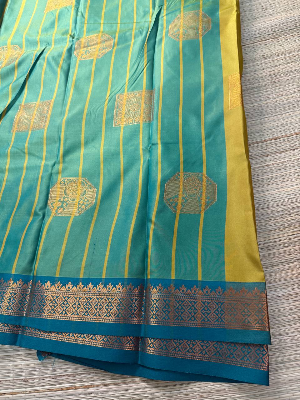 Mustard Yellow Semi-Silk Saree with Teal Green Zari Border