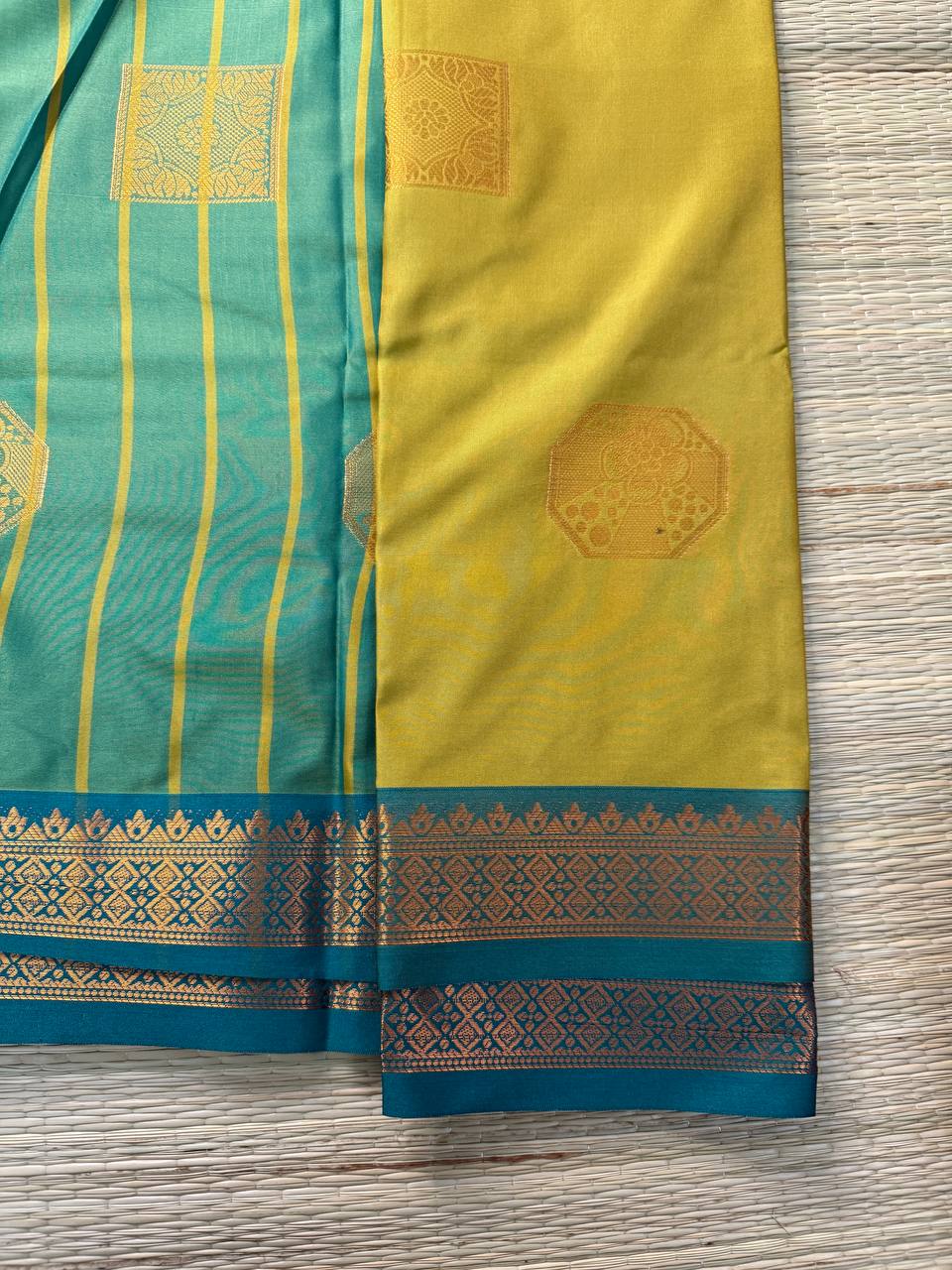 Mustard Yellow Semi-Silk Saree with Teal Green Zari Border
