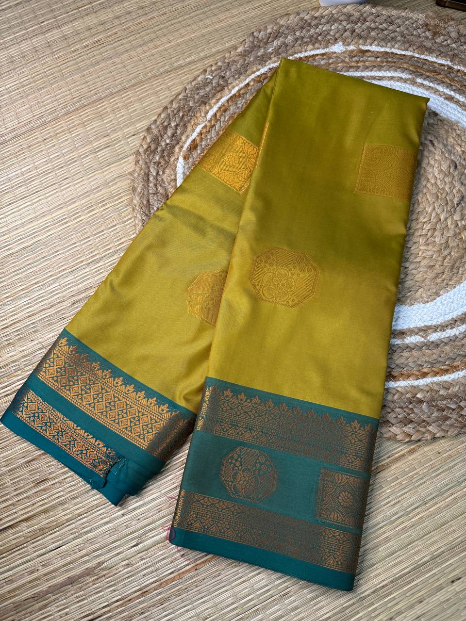 Mustard Yellow Semi-Silk Saree with Teal Green Zari Border