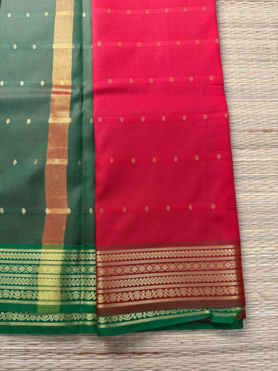 Semi Silk Red Saree with Golden Zari Work and Buti Motifs
