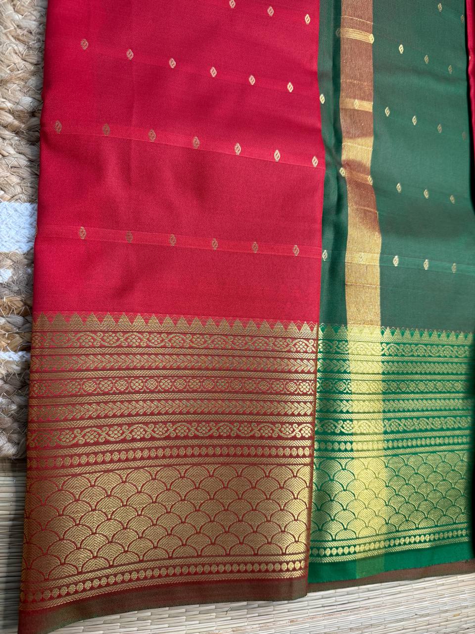 Semi Silk Red Saree with Golden Zari Work and Buti Motifs
