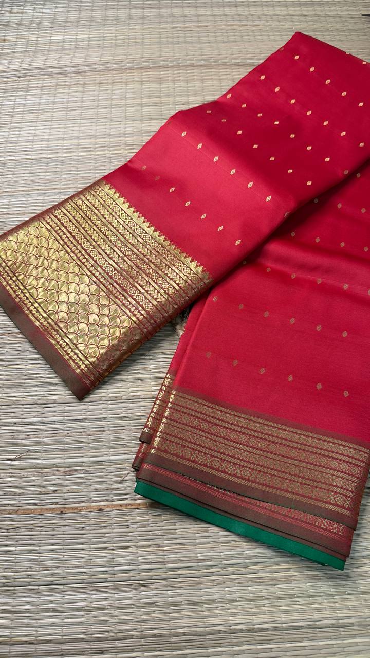 Semi Silk Red Saree with Golden Zari Work and Buti Motifs