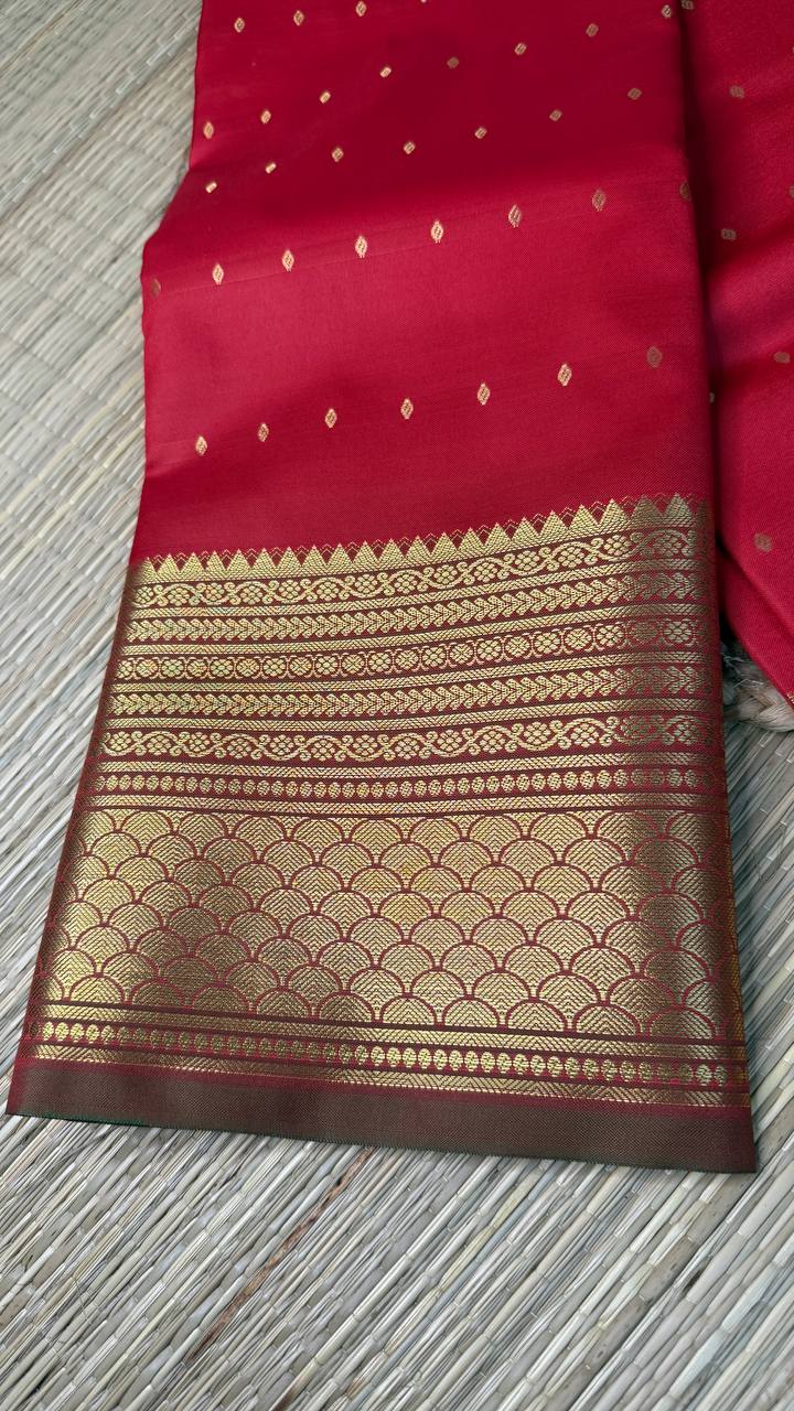 Semi Silk Red Saree with Golden Zari Work and Buti Motifs