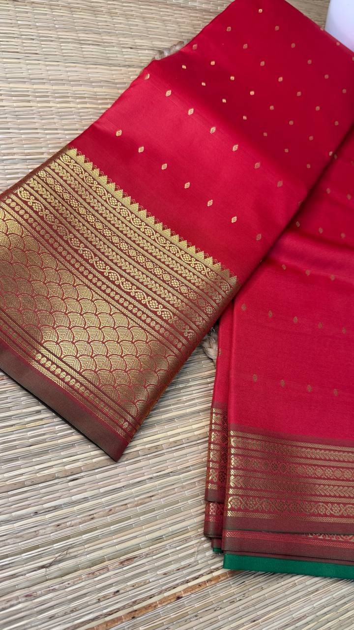 Semi Silk Red Saree with Golden Zari Work and Buti Motifs