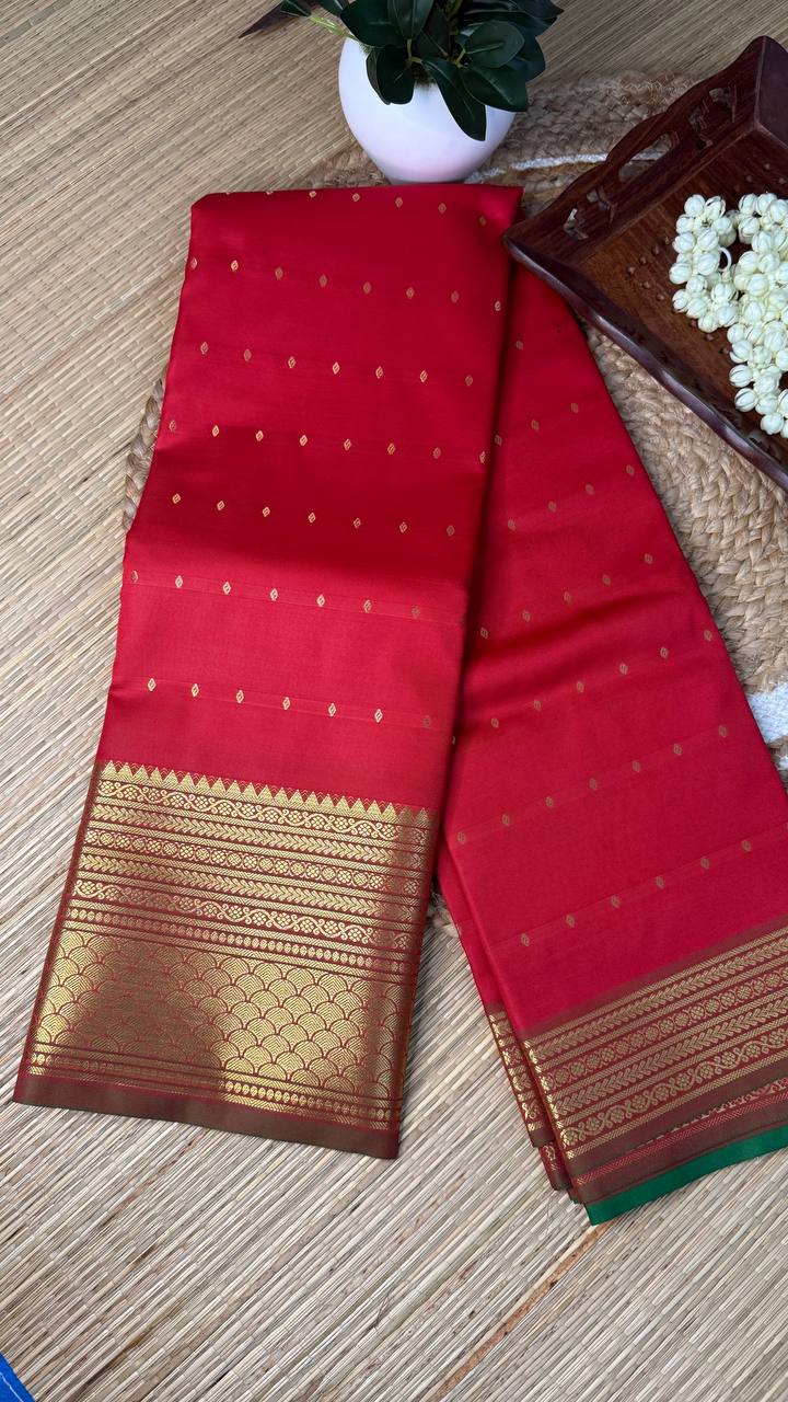 Semi Silk Red Saree with Golden Zari Work and Buti Motifs