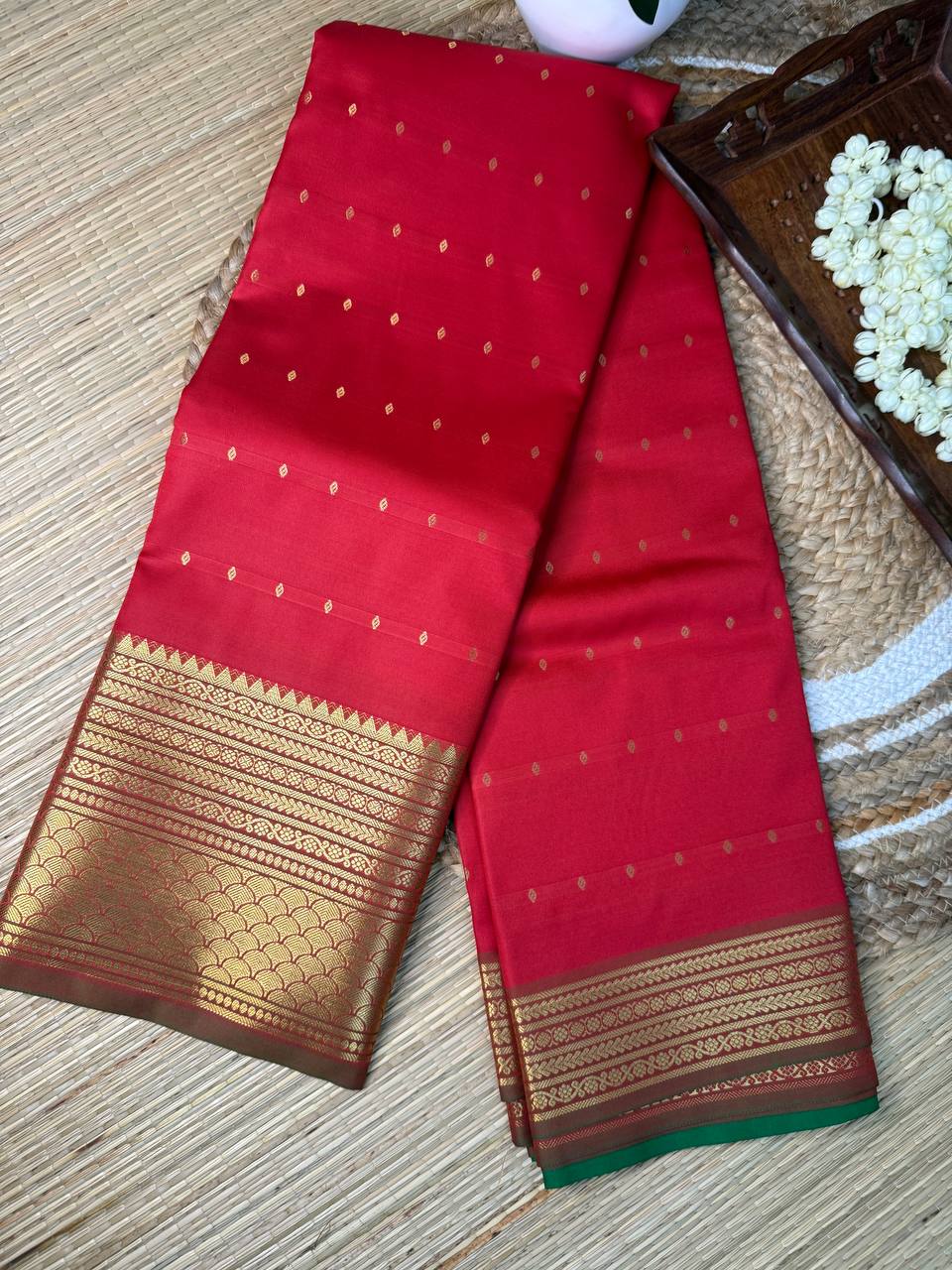 Semi Silk Red Saree with Golden Zari Work and Buti Motifs