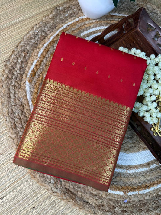 Semi Silk Red Saree with Golden Zari Work and Buti Motifs