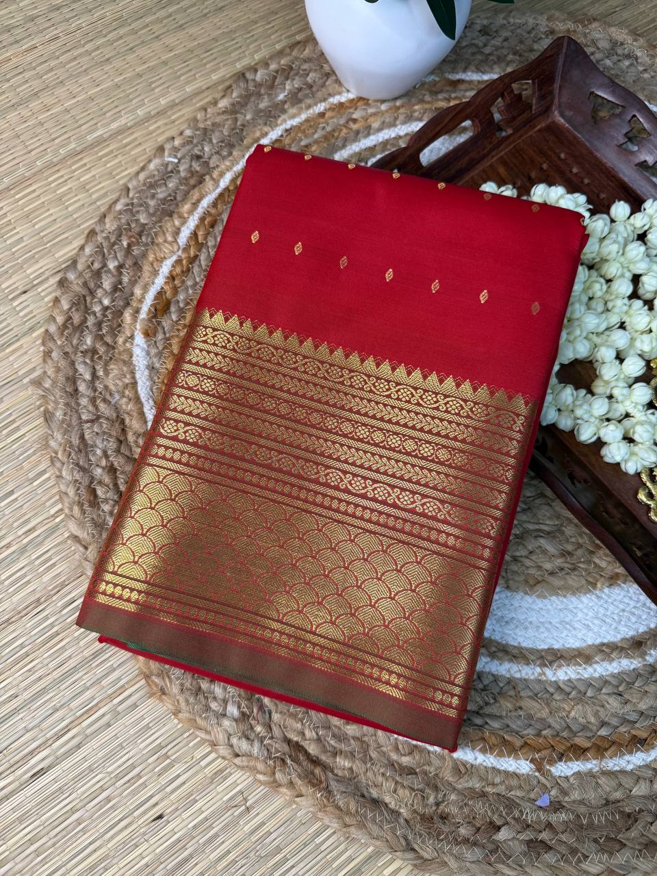 Semi Silk Red Saree with Golden Zari Work and Buti Motifs