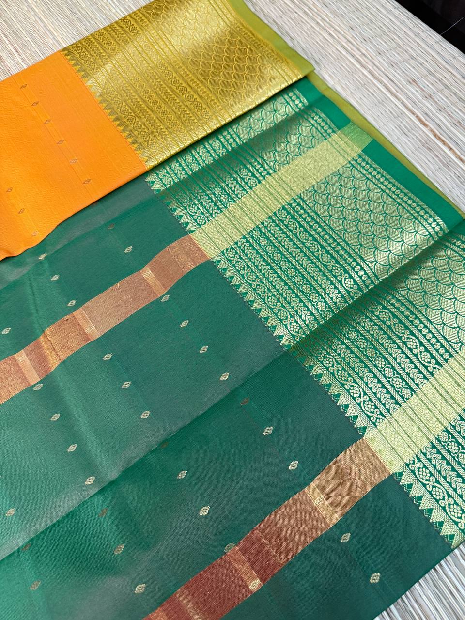 Semi Silk Yellow Saree with Golden Zari Border and Buti Motifs
