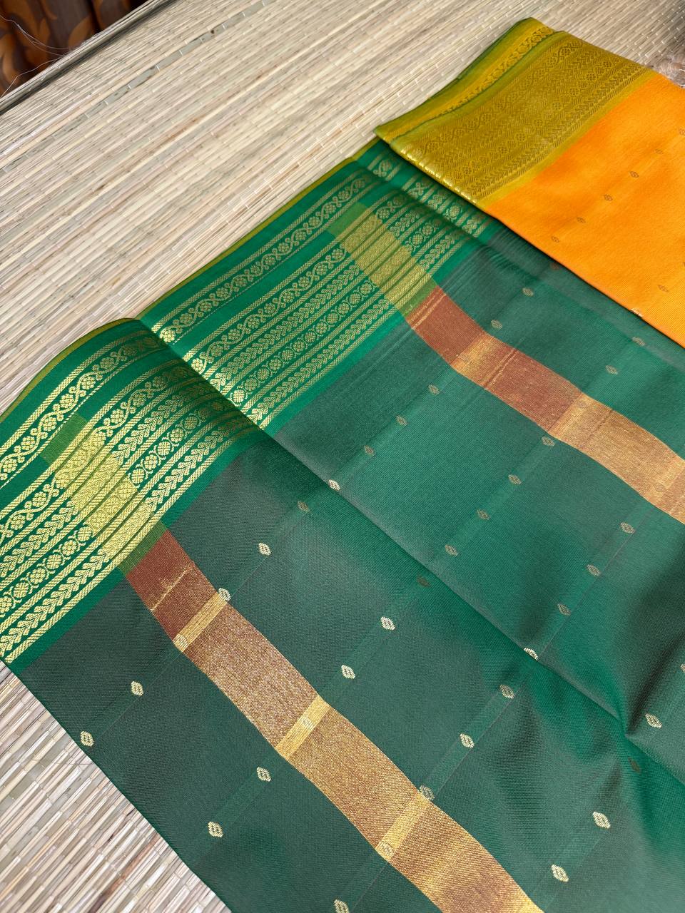 Semi Silk Yellow Saree with Golden Zari Border and Buti Motifs
