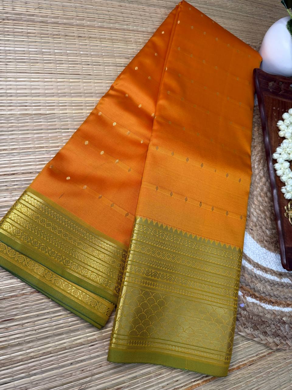 Semi Silk Yellow Saree with Golden Zari Border and Buti Motifs