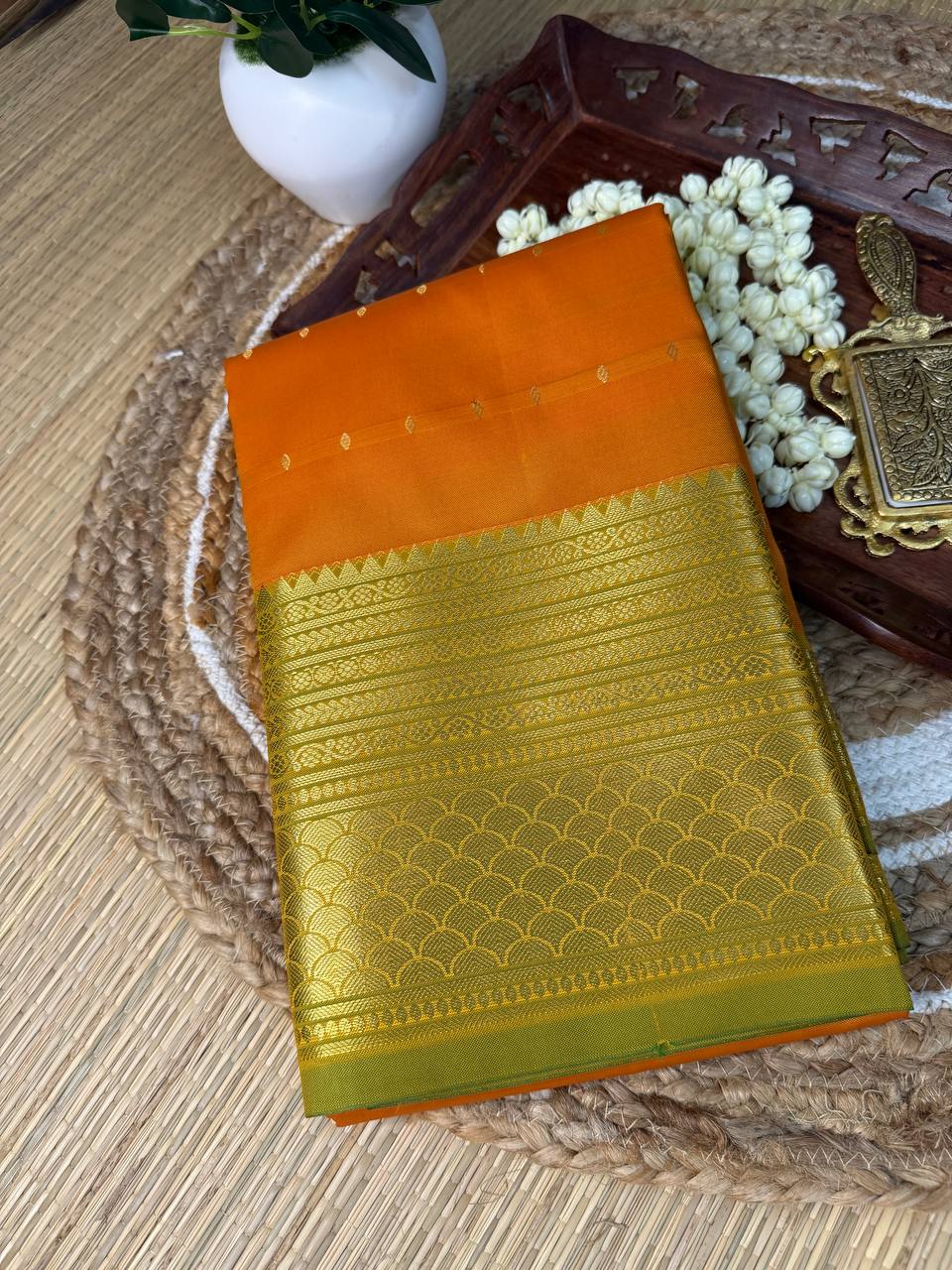 Semi Silk Yellow Saree with Golden Zari Border and Buti Motifs